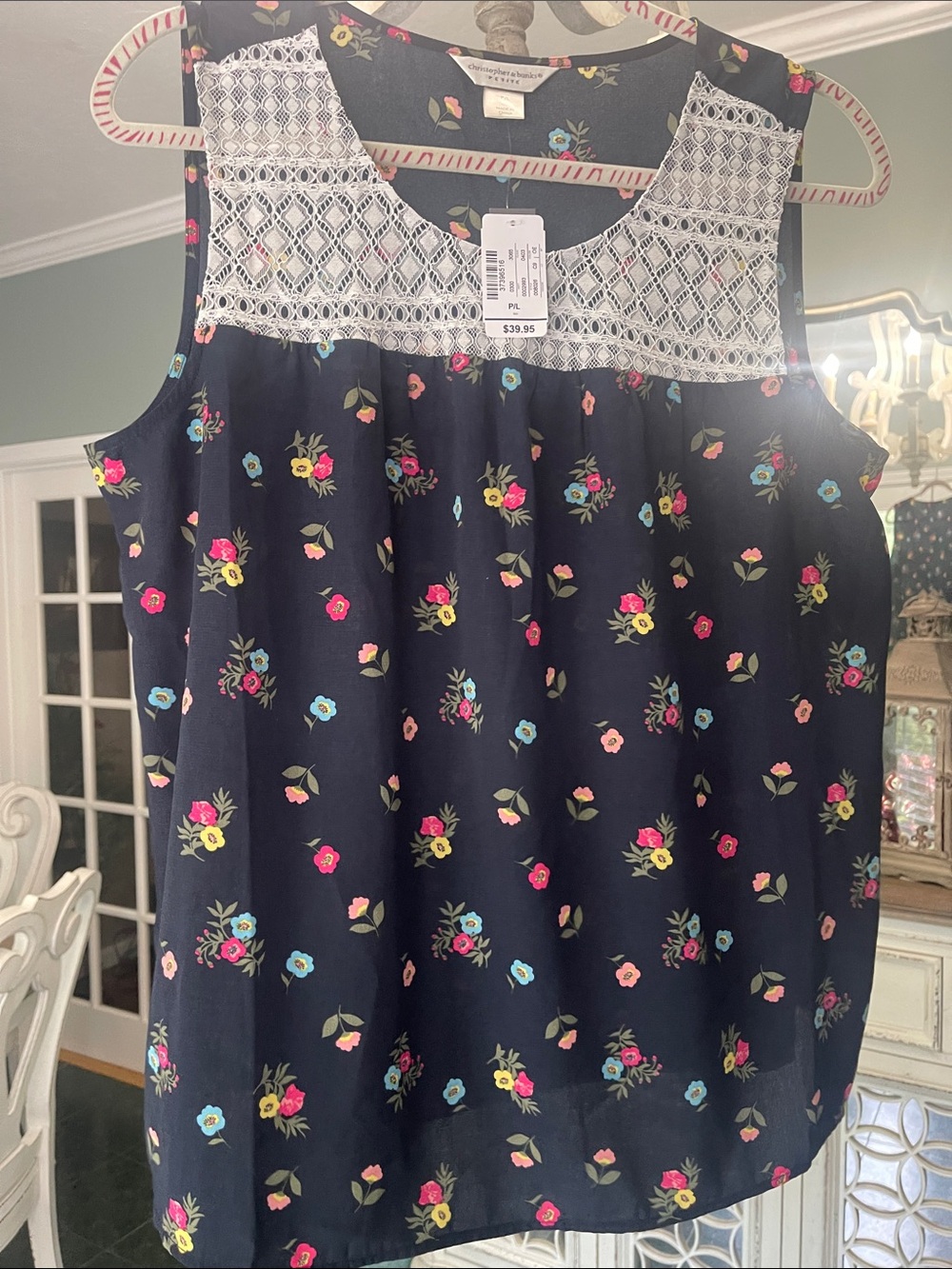 Christopher & Banks Navy Floral Tank with Lace Yoke